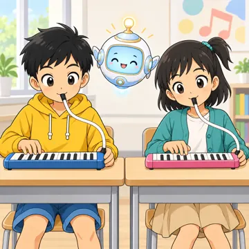 教科の場面 教科の場面 音楽:ハルやミオたちが鍵盤ハーモニカを弾いている