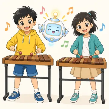 教科の場面 教科の場面 音楽:ハルやミオたちが木琴をたたいている