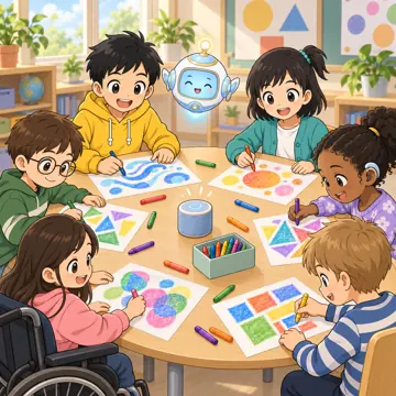 教科の場面 教科の場面 音楽:ハルやミオたちが音楽を聴いて絵を描いている