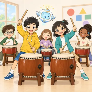 教科の場面 教科の場面 音楽:ハルやミオたちが太鼓をたたいている