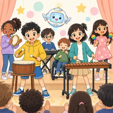 教科の場面 教科の場面 音楽:ハルやミオたちがみんなで合奏の発表をしている
