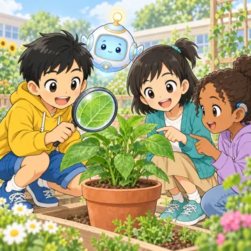 教科の場面 教科の場面 理科:ハルやミオたちが虫めがねで植物を観察している