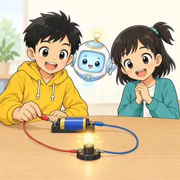 教科の場面 教科の場面 理科:ハルやミオたちが豆電球をつないでいる