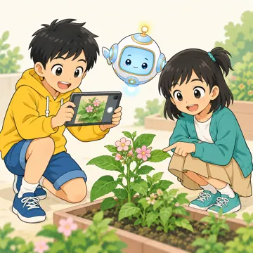 教科の場面 教科の場面 理科:ハルやミオたちがタブレットで植物の写真をとっている