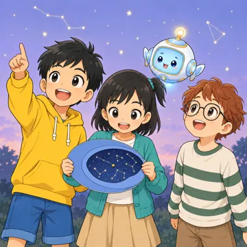 教科の場面 教科の場面 理科:ハルやミオたちが星座早見盤を持っている