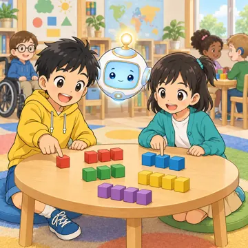 教科の場面 教科の場面 算数:ハルやミオたちがブロックで数を数えている