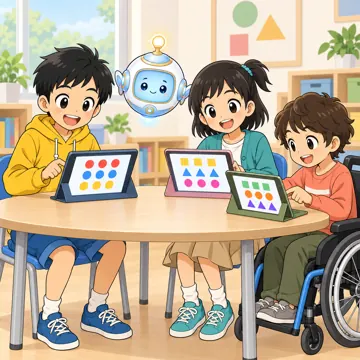 教科の場面 教科の場面 算数:ハルやミオたちがタブレットで計算練習をしている