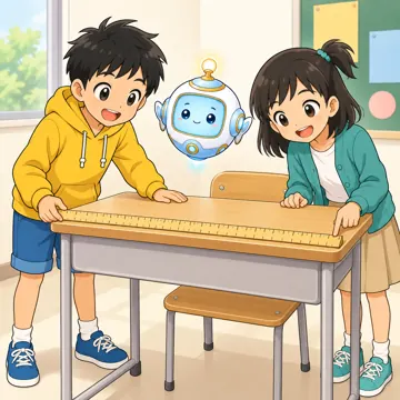 教科の場面 教科の場面 算数:ハルやミオたちがものさしで机の長さを測っている