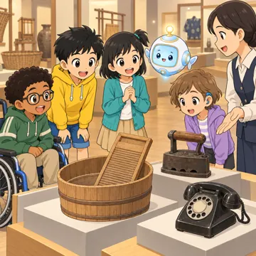 教科の場面 教科の場面 社会:ハルやミオたちが昔の道具を見学している