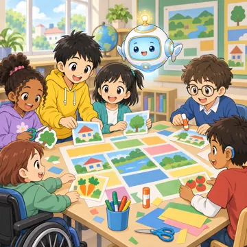 教科の場面 教科の場面 社会:ハルやミオたちがグループで新聞づくりをしている