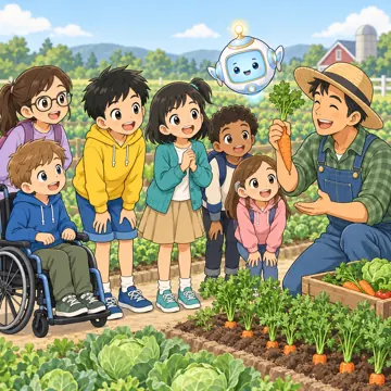 教科の場面 教科の場面 社会:ハルやミオたちが農家の畑を見学している