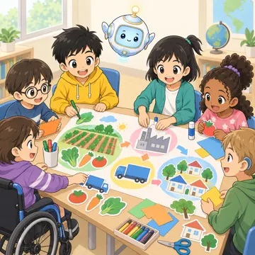 教科の場面 教科の場面 社会:ハルやミオたちが発表用のポスターを作っている