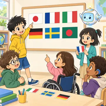 教科の場面 教科の場面 社会:ハルやミオたちが世界の国の旗(模様だけ)を見ている