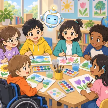 教科の場面 教科の場面 図工:ハルやミオたちが絵の具で絵を描いている