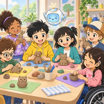 教科の場面 教科の場面 図工:ハルやミオたちが粘土で作品を作っている