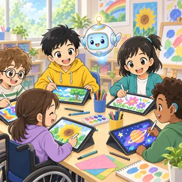教科の場面 教科の場面 図工:ハルやミオたちがタブレットでデジタル画を描いている