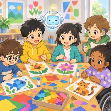 教科の場面 教科の場面 図工:ハルやミオたちが貼り絵をしている
