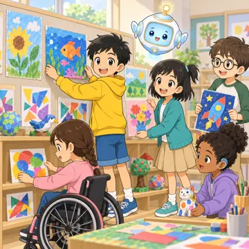 教科の場面 教科の場面 図工:ハルやミオたちが作品を展示している