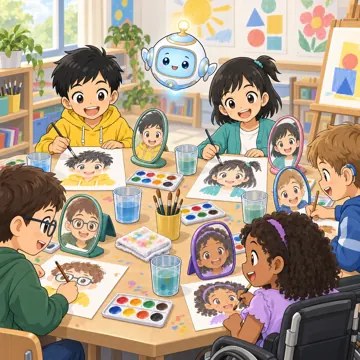教科の場面 教科の場面 図工:ハルやミオたちが自画像を描いている