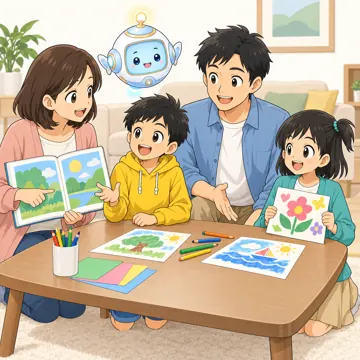 情報モラルの場面(テーマ別) 情報モラルの場面 著作権:ハルやミオたちが著作権について家族と話す