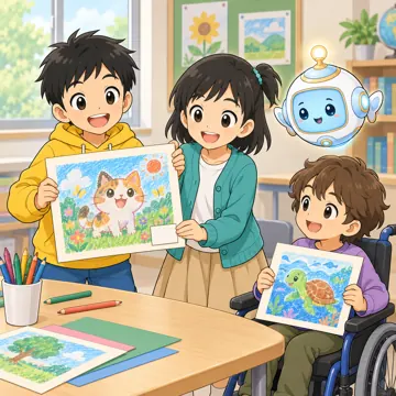 情報モラルの場面(テーマ別) 情報モラルの場面 生成AIの使い方:ハルやミオたちがAIで作った絵に「AIで作成」と書いたカードを添える(文字なし)