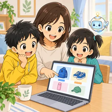 情報モラルの場面(テーマ別) 情報モラルの場面 ネット通販:ハルやミオたちがネット通販の画面を家族と見る