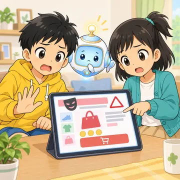 情報モラルの場面(テーマ別) 情報モラルの場面 ネット通販:ハルやミオたちが偽のショッピングサイトに気づく