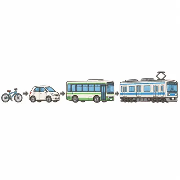 のりもの・はたらく車 のりもの・はたらく車 空・海・その他:乗り物の大きさ比べ(自転車・車・バス・電車を並べる)