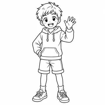 ぬりえ(線画)・キャラクター・小物 ぬりえ(線画) 参照画像のハルが元気に手をふっている全身