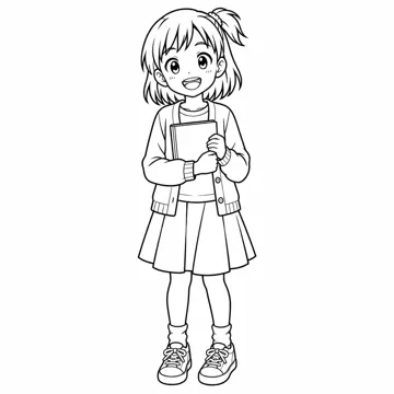 ぬりえ(線画)・キャラクター・小物 ぬりえ(線画) 参照画像のミオが本を持ってにっこりしている全身
