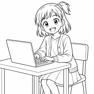 ぬりえ(線画)・キャラクター・小物 ぬりえ(線画) ミオがノートパソコンを使っている