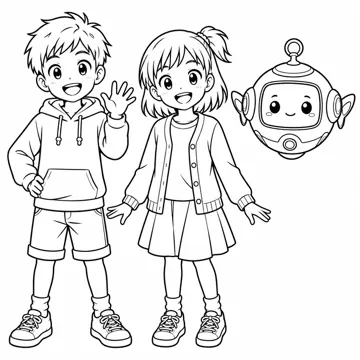 ぬりえ(線画)・キャラクター・小物 ぬりえ(線画) ハル・ミオ・アイの3人が並んで笑っている