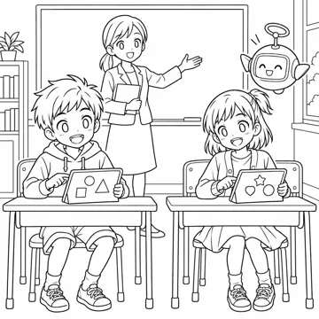 ぬりえ(線画)・キャラクター・小物 ぬりえ(線画) 教室でハルとミオがタブレットを使って授業を受けている場面