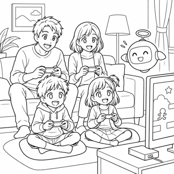 ぬりえ(線画)・キャラクター・小物 ぬりえ(線画) リビングで家族がいっしょにゲームをしている場面