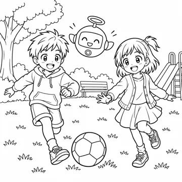 ぬりえ(線画)・キャラクター・小物 ぬりえ(線画) 公園でハルとミオが遊んでいる場面(スマホは持っていない)