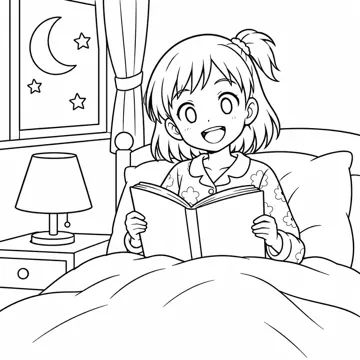 ぬりえ(線画)・キャラクター・小物 ぬりえ(線画) 夜、ミオがベッドで本を読んでいる場面
