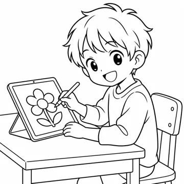 ぬりえ(線画)・テーマ別(デジタル・学校・季節・生きもの・はたらく人) ぬりえ デジタルの場面:タブレットに絵をかく子