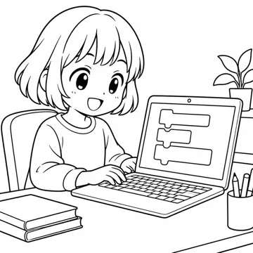 ぬりえ(線画)・テーマ別(デジタル・学校・季節・生きもの・はたらく人) ぬりえ デジタルの場面:ノートパソコンでプログラミングする子