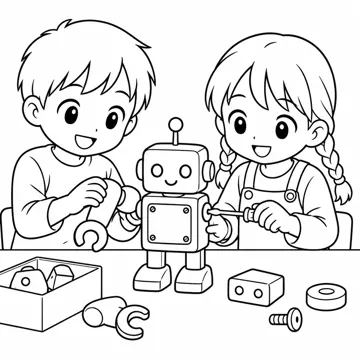 ぬりえ(線画)・テーマ別(デジタル・学校・季節・生きもの・はたらく人) ぬりえ デジタルの場面:小さなロボットを組み立てる子ども2人