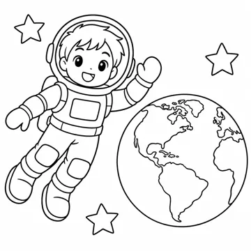 ぬりえ(線画)・テーマ別(デジタル・学校・季節・生きもの・はたらく人) ぬりえ デジタルの場面:宇宙飛行士の子どもと地球
