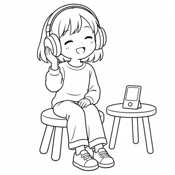 ぬりえ(線画)・テーマ別(デジタル・学校・季節・生きもの・はたらく人) ぬりえ デジタルの場面:ヘッドホンで音楽を聴く子