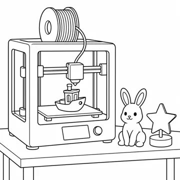 ぬりえ(線画)・テーマ別(デジタル・学校・季節・生きもの・はたらく人) ぬりえ デジタルの場面:3Dプリンターと作品
