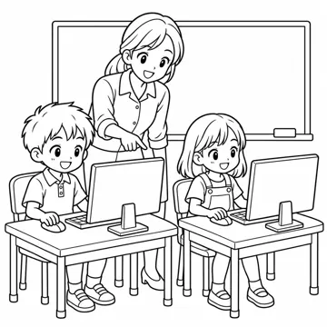 ぬりえ(線画)・テーマ別(デジタル・学校・季節・生きもの・はたらく人) ぬりえ デジタルの場面:パソコン教室の風景