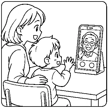 ぬりえ(線画)・テーマ別(デジタル・学校・季節・生きもの・はたらく人) ぬりえ デジタルの場面:スマホでビデオ通話する家族