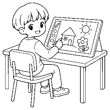 ぬりえ(線画)・テーマ別(デジタル・学校・季節・生きもの・はたらく人) ぬりえ デジタルの場面:お絵かきソフトで作品を作る子