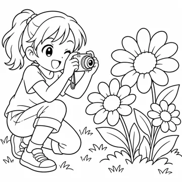 ぬりえ(線画)・テーマ別(デジタル・学校・季節・生きもの・はたらく人) ぬりえ デジタルの場面:デジタルカメラで花をとる子