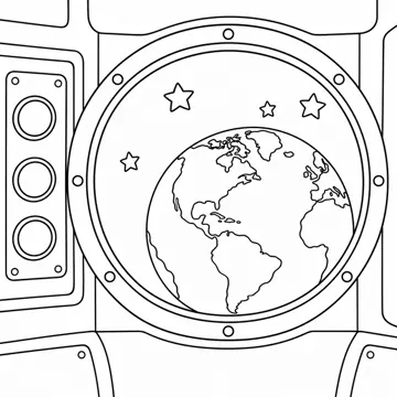 ぬりえ(線画)・テーマ別(デジタル・学校・季節・生きもの・はたらく人) ぬりえ デジタルの場面:宇宙ステーションの窓
