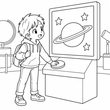 ぬりえ(線画)・テーマ別(デジタル・学校・季節・生きもの・はたらく人) ぬりえ デジタルの場面:科学館の展示を見る子