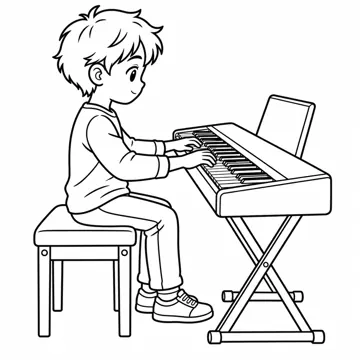 ぬりえ(線画)・テーマ別(デジタル・学校・季節・生きもの・はたらく人) ぬりえ デジタルの場面:電子ピアノをひく子