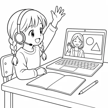 ぬりえ(線画)・テーマ別(デジタル・学校・季節・生きもの・はたらく人) ぬりえ デジタルの場面:オンライン授業を受ける子